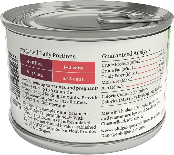 Solid Gold Wet Cat Food Pate for Adult & Senior Cats - Real Salmon & Coconut Oil - Tropical Blendz Grain Free Wet Cat Food for Healthy Digestion, Skin, Coat & Sensitive Stomach - 16ct/6oz Can