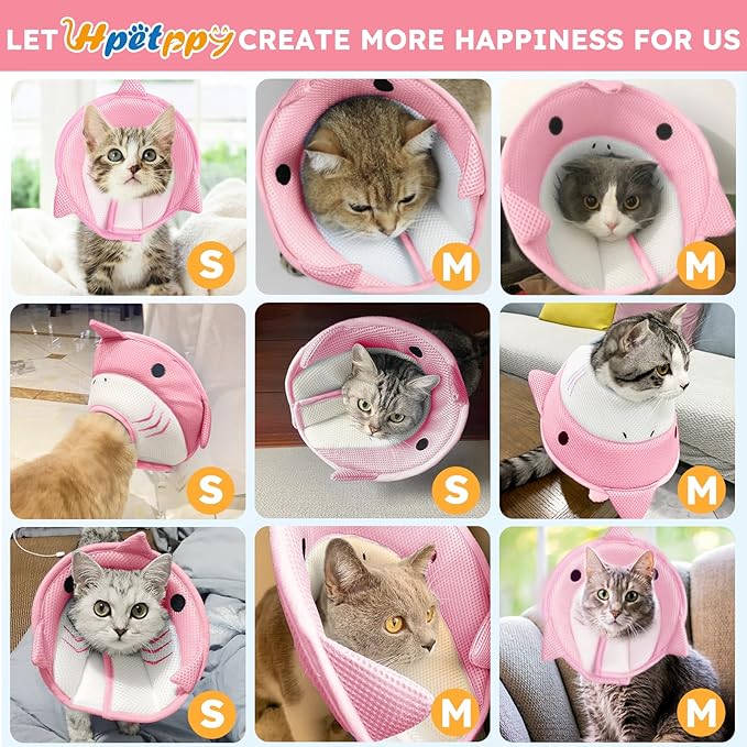 Cat Cone Collar Soft, Adjustable Cat Recovery Collar After Surgery to Prevent Licking Wound, Breathable Cat Neck Cone Comfortable Pet Elizabethan Collar for Cats Kittens Cute Shark Design