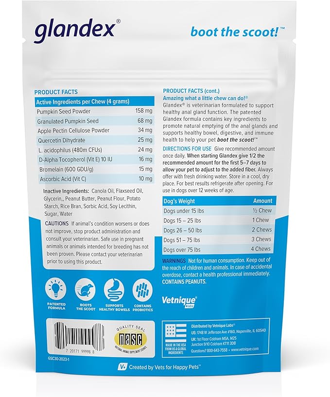 Glandex Anal Gland Soft Chew Treats with Pumpkin for Dogs Digestive Enzymes, Probiotics Fiber Supplement for Dogs Boot The Scoot (Peanut Butter Chews, 30ct)