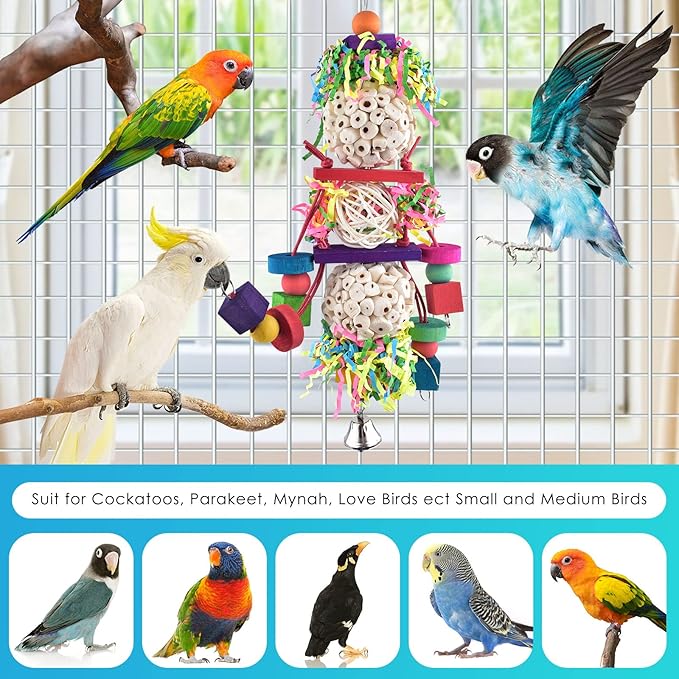 Bissap Conure Toys, Bird Parrot Foraging Shredder Hanging Toys Sola Balls Sepak Takraw with Bell for Small Parrots Parakeets Conures Cockatiels Love Birds Cage Toy