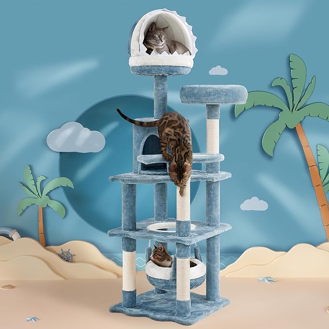 Yaheetech 61in Tall Ocean-Themed Cat Tree, Multi-Level Cat Tower with Shark's Mouth-Shaped Nest, Fish-Shaped Platform, Sisal Scratching Posts, Plush Cat Bed Furniture as Cat Kitty Activity Center