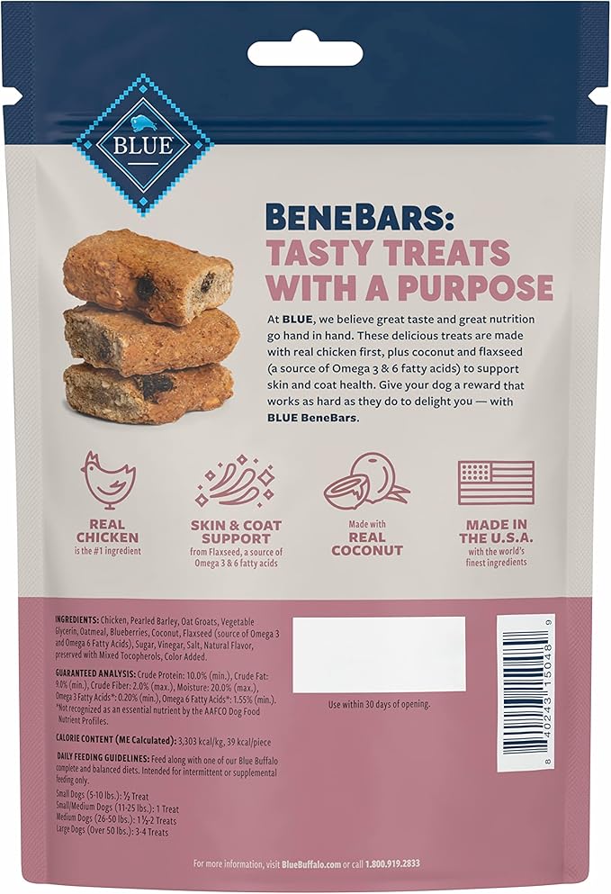 Blue Buffalo Benebars Natural Dog Treats, Skin and Coat Support, Chicken and Coconut, 9oz Bag