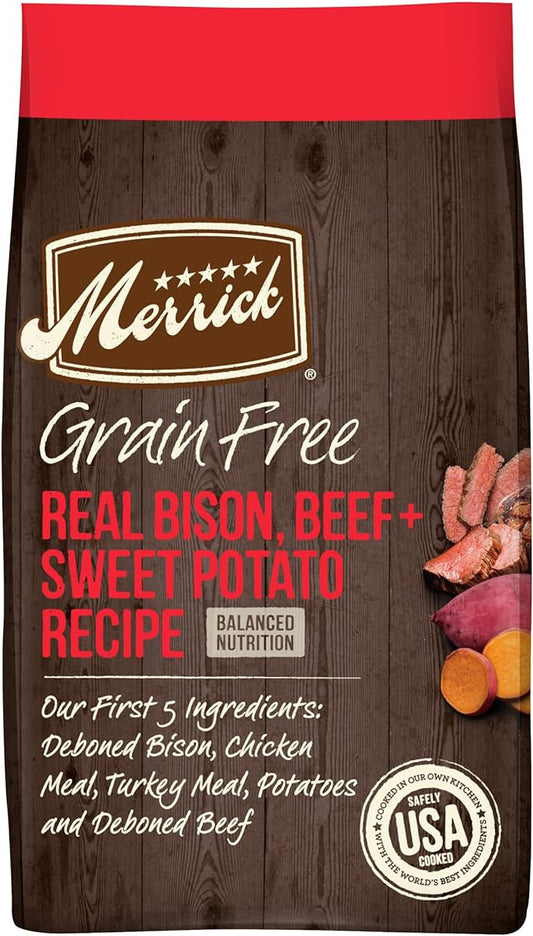 Merrick Dry Dog Food, Real Bison, Beef and Sweet Potato Grain Free Dog Food Recipe - 10 lb. Bag