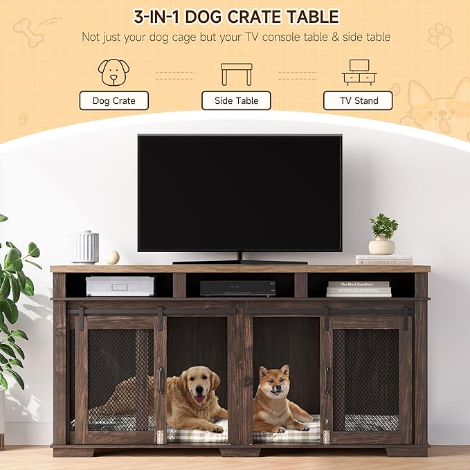 71" Extra Large Dog Crate Furniture,Wooden Double Dog Crates Kennel Cage,Furniture Style TV Stand Side End Table for 2 Dogs with Removable Divider for Large Dogs,Dark Walnut/Light