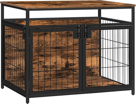 HOOBRO Dog Crate Furniture, 31.5 Inches Wooden Dog Crate, Dog Kennels Indoor with 3 Doors, Decorative Pet House End Table, for Small/Medium Dog, Chew-Resistant, Rustic Brown and Black BF83GW03