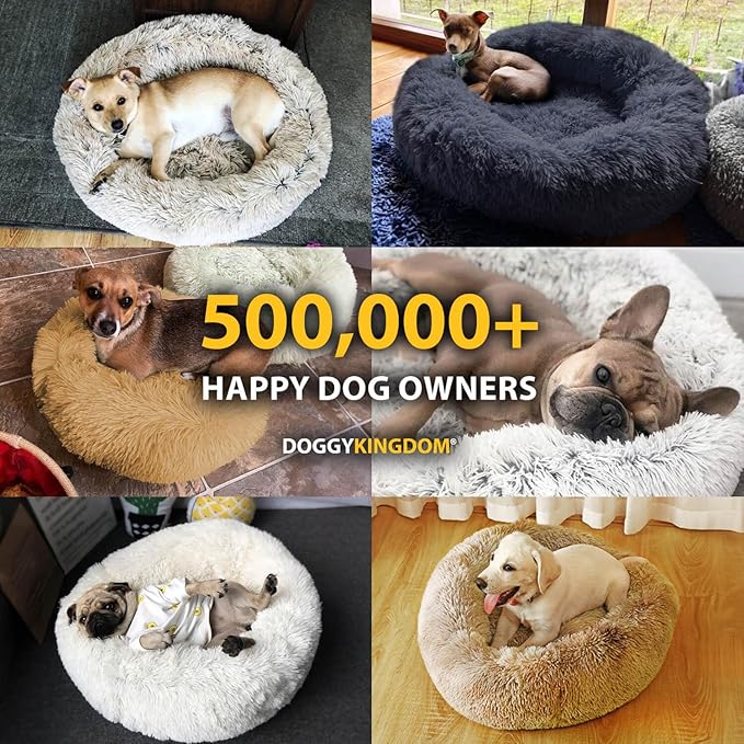 Calming Round Donut Dog Bed Pillow, Washable, Anti Anxiety, Anti-Slip, Cozy Soft Cuddler Comfort Bed with Fluffy Plush Faux Fur for large medium small Sized Dog - Khaki, M 31 inch