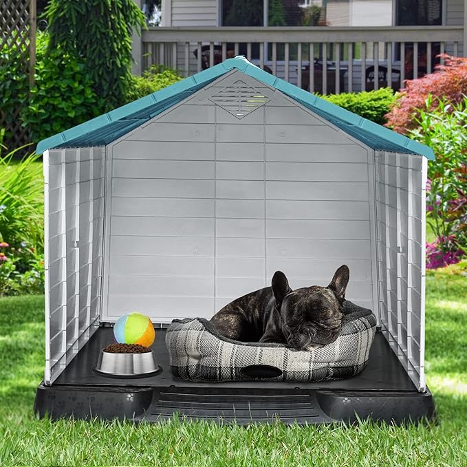 YITAHOME 34.5'' Large Plastic Dog House Outdoor Indoor Doghouse Puppy Shelter Water Resistant Easy Assembly Sturdy Dog Kennel with Air Vents and Elevated Floor (34.5''L*30.9''W*32''H, Blue)