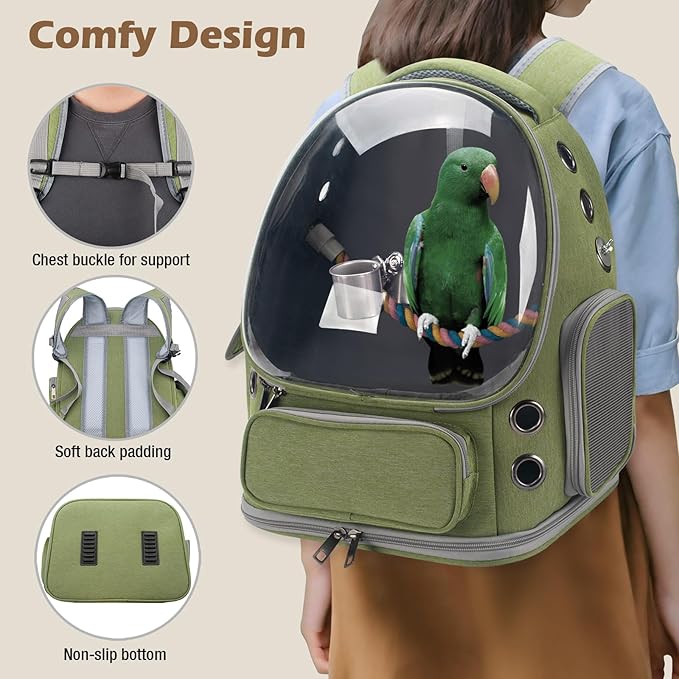 Bird Backpack Carrier Travel Cage with Perch, Tray and Breathable Clear Window, Bird Travel Cage for Cockatiel Caique Conure Quaker, for Vetting Camping Hiking (Green)