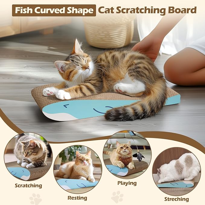 ComSaf Cat Scratching Board 2 Pack, Cat Scratcher Cardboard, Curved Cat Scratcher, Cute Cat Scratch Pad for Kitty, Recycle Cardboard Cat Scratcher, Double-Sided Pad for Long Lasting Use (Blue Whale)