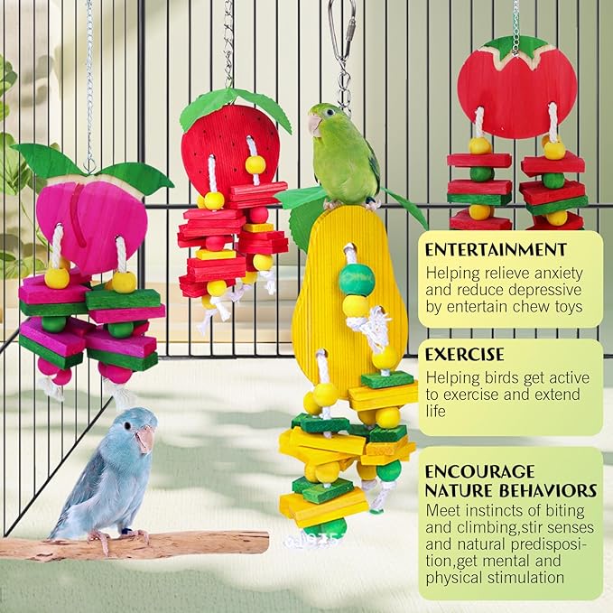 Hamiledyi 4 PCS Bird Toys Parrot Toys Multicolor Natural Wooden Block Bird Chewing Toys Parrot Cage Bite Toys for Conures Parakeets Cockatiels Lovebirds African Grey Macaws Amazon Parrots