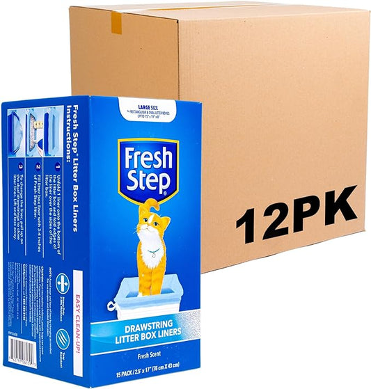 Fresh Step Drawstring Cat Litter Box Liners, Fresh Scent, Size Large, 30" x 17" | Kitty Litter Bags - Cat Litter Liners for Rectangle or Oval Litterboxes, 15 Count - 12 Pack