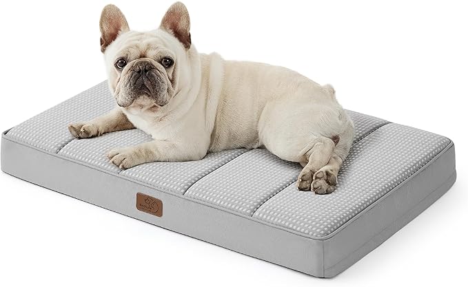 Bedsure Cooling Gel Foam Dog Bed for Large Dogs, Waterproof Orthopedic Egg Foam Dog Bed for Outdoor, Summer Comfort Pet Mats for Crate with Washable Cover(30"x20", Grey)