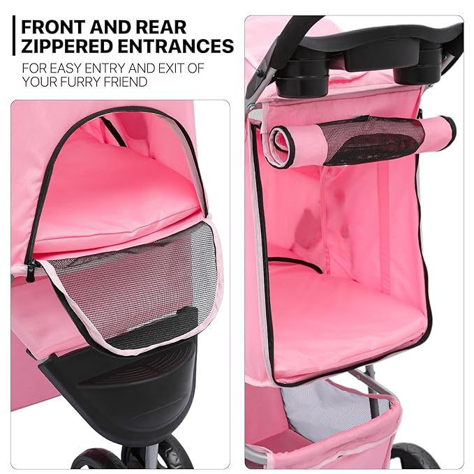 MoNiBloom 3-Wheels Foldable Pet Stroller w/Cover, Pet Strolling Cart for Small/Medium Dogs and Cats w/Cup Holder, Breathable Visible Mesh, Pink