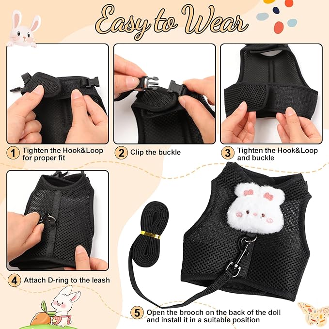 Rabbit Harness and Leash Set with 2 Cute Decorations Soft Adjustable Buckle Breathable Mesh Vest Harness for Rabbits Ferret Small Pig Puppy Walking Supplies (Black