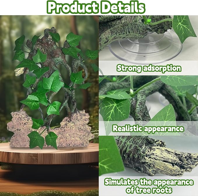 kathson Reptile Corner Branch,Rock Background Decoration Lizard Climb Branches Terrarium Plant Decoration with Suction Cup Reptile Tank Plant Ornament for Bearded Dragons Gecko Snake Spider(Green)