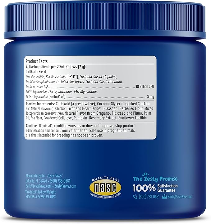 Zesty Paws Probiotics for Dogs - Digestive Enzymes for Gut Flora, Digestive Health, Diarrhea & Bowel Support - Clinically Studied DE111 - Dog Supplement Soft Chew for Pet Immune System - Adv, 90ct