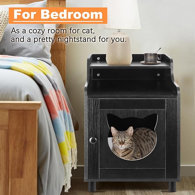 DOUSY- Small Wooden Cat Litter Box Enclosure, Hidden Litter Box Furniture Enclosed Cat Washroom Storage Cabinet, Side Table, Nightstand, Indoor Pet House 15.8 x 15.8 x 24 Inches, Black