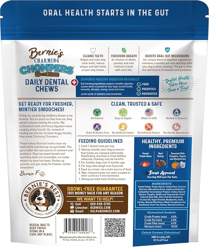 Bernie's Charming Chompers - Daily Dental Chews for Dogs 5-15 Lbs. - 65 Count - Cleans Teeth, Freshens Breath, Boosts Oral-Gut Microbiome. Easy to Digest, Supports Healthy Digestion Naturally