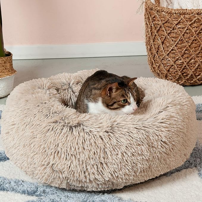 Furhaven 23" Round Calming Donut Dog Bed for Indoor Cats & Small Dogs, Washable, For Dogs Up to 20 lbs - Shaggy Plush Long Faux Fur Donut Bed - Taupe, Small, 23.0"L x 23.0"W x 9.0"Th