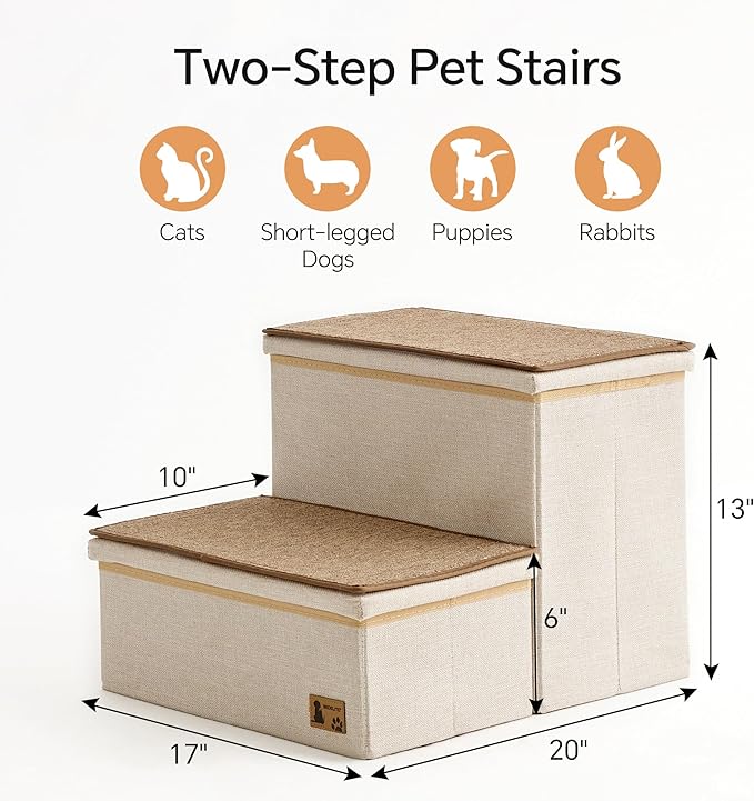 BEDELITE Dog Stairs for Small Medium or Large Dogs, 2 Tiers Dog Steps for Bed and Couch 13" H, Foldable Pet Stairs Up to 200Lbs with Detachable Mats & Storage, Beige