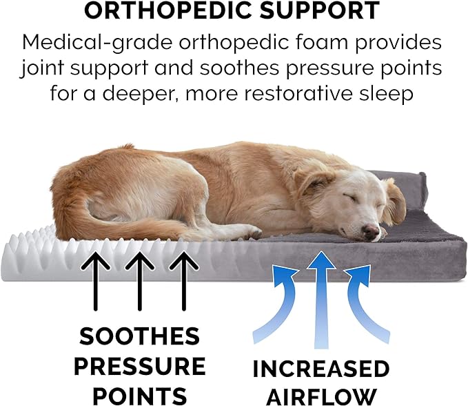 Furhaven Orthopedic Dog Bed for Large/Medium Dogs w/ Removable Bolsters & Washable Cover, For Dogs Up to 55 lbs - Plush & Velvet L Shaped Chaise - Platinum Gray, Large