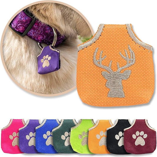 Dog Tag Cover, Orange Deer Head - Quiet Noisy Pet Tags - Fits Up to Four Pet IDs - Dog Tag Cover Protects Metal Pet IDs from Tarnish, Made of Durable Nylon, Universal Fit, Machine Washable