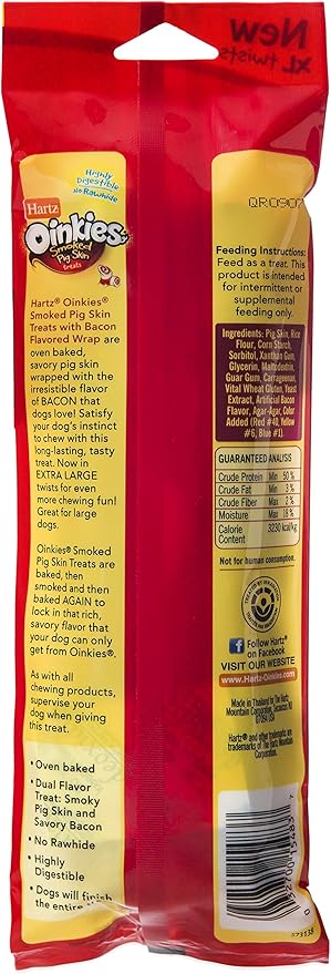 Hartz Oinkies Natural Smoked Pig Skin Twist Bacon Wrapped Xl Dog Treat Chews - 2 Pack