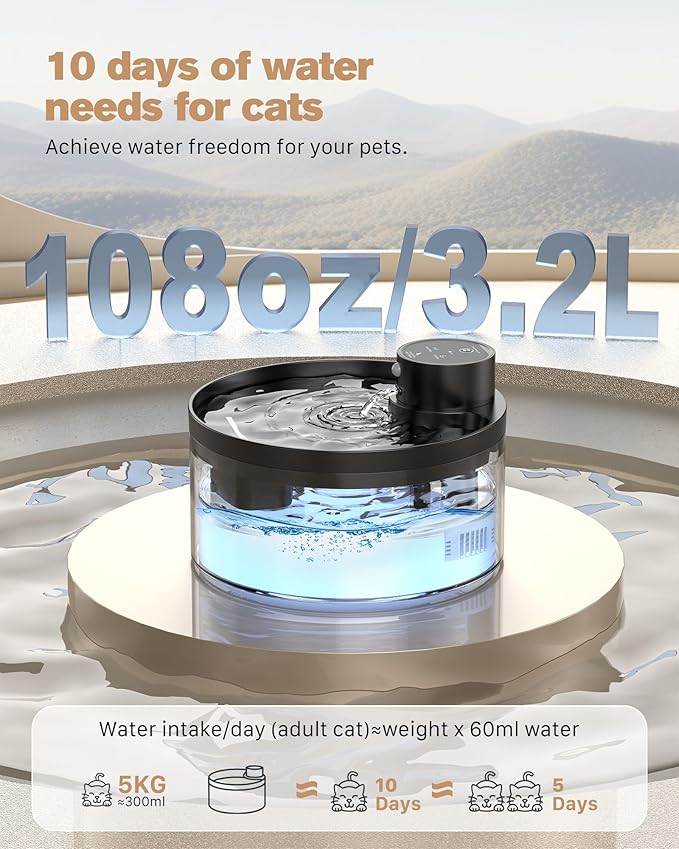 Battery Operated Cat Water Fountain: 108oz/3.2L Wireless Cat Fountain Motion Sensor Pet Water Fountain - Built-in 4200mAh Battery Quiet Water Fountains for Cats Indoor LED Light - GIOTOHUN