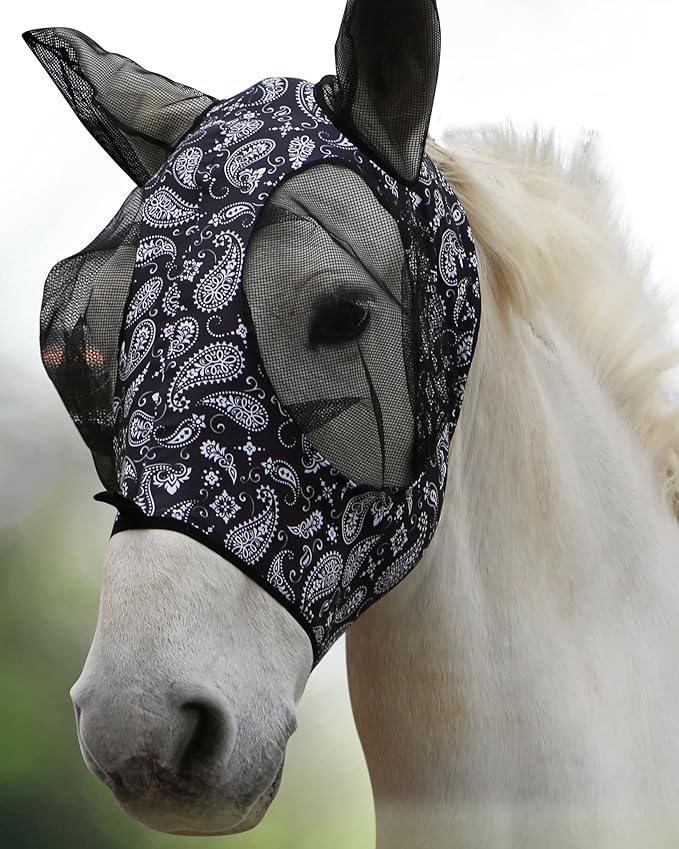 Harrison Howard Super Comfort Stretchy Fly Mask Large Eye Space with UV Protection Soft on Skin with Breathability Paisley Wave Cob (Medium)