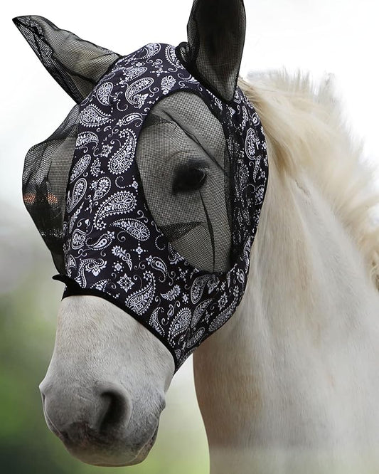 Harrison Howard Super Comfort Stretchy Fly Mask Large Eye Space with UV Protection Soft on Skin with Breathability Paisley Wave Cob (Medium)