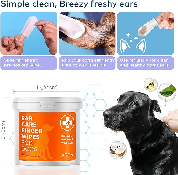 Dog Ear Cleaner Wipes - Cleanser for Dogs - Ear Itching, Dissolves Wax, Dirt & Odor with Coconut Oil & Aloe Vera (100 Finger Wipes)
