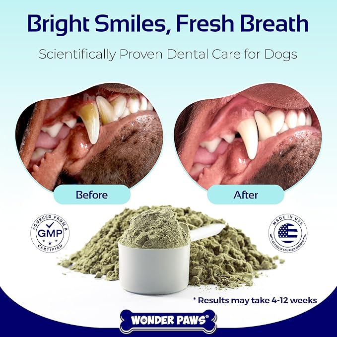 Dental Powder for Dogs – Teeth Cleaning & Dental Care Made Easy – Removes Plaque, Tarter, Stains & Freshens Breath – Plaque & Tartar Remover for Dogs of all Ages – 60 scoops