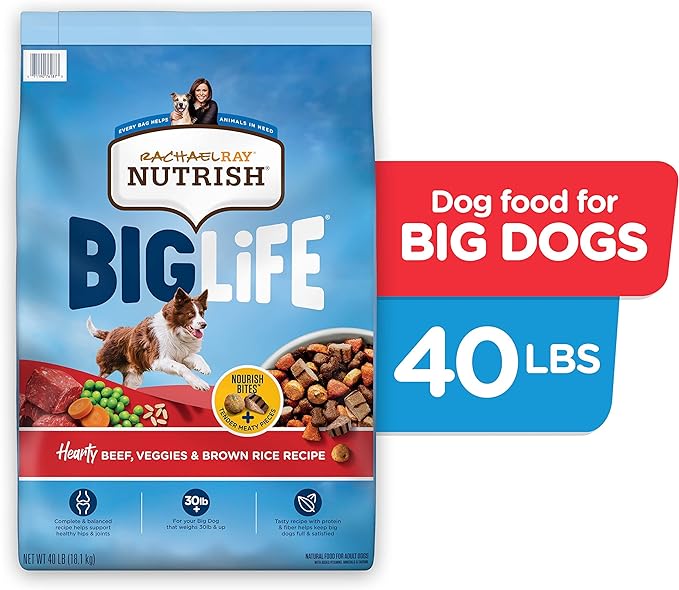 Rachael Ray Nutrish Big Life Dry Dog Food, Medium & Large Breed, Hearty Beef, Brown Rice, & Veggies, 40 Pounds