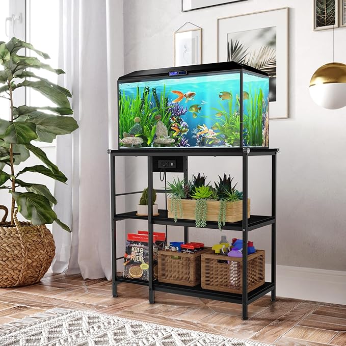 Snughome Fish Tank Stand with Charging Station, 10-29 Gallon Aquarium Stands 3-Tier, Adjustable Fish Tank Shelf for Home Heavy Duty Metal 33.07" x 16.53" x 32.67", Black