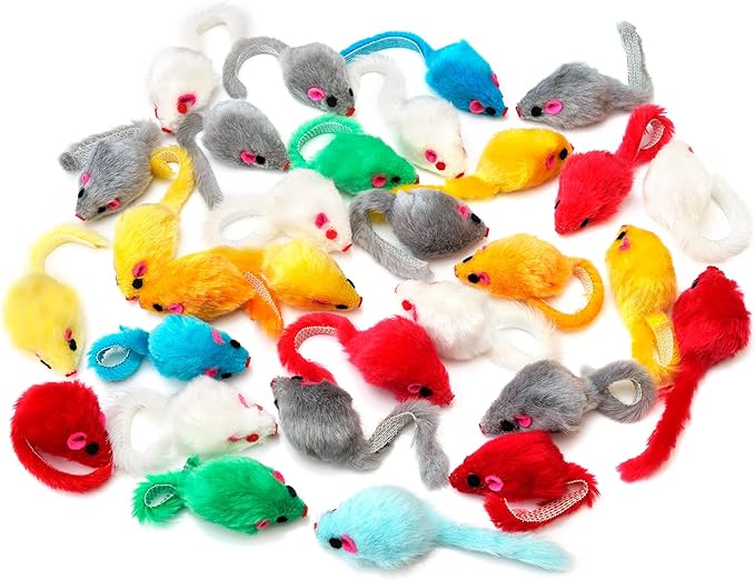 CHIWAVA 60PCS 4.1'' Furry Cat Toy Mice Rattle Small Mouse Kitten Interactive Play Assorted Color