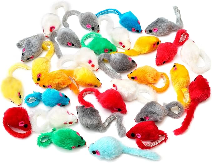 CHIWAVA 36PCS 4.1'' Furry Cat Toy Mice Rattle Small Mouse Kitten Interactive Play Assorted Color