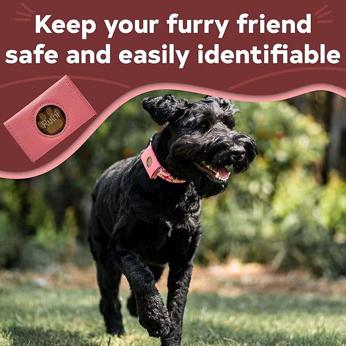 Dog Collar ID Holder - Dog Tag Silencer - No Noise Dog Tag Pouch for Dog Collar - Dog ID Tag Protector - Pockets for Dog accessories, Rabies Tags, Poop bags - Slide on Dog ID - Pet tag (Pink)