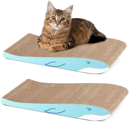ComSaf Cat Scratching Board 2 Pack, Cat Scratcher Cardboard, Curved Cat Scratcher, Cute Cat Scratch Pad for Kitty, Recycle Cardboard Cat Scratcher, Double-Sided Pad for Long Lasting Use (Blue Whale)