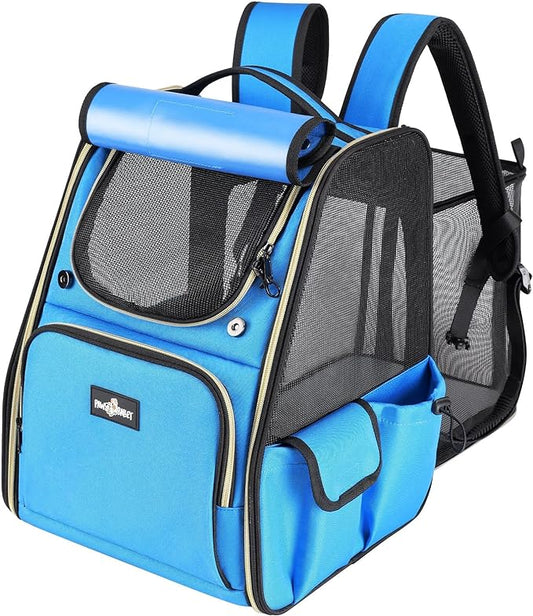 Cat Backpack Carrier, Expandable Pet Dog Backpack Carrier for Small Medium Cat Dog Under 20LBS, Ventilated Pet Backpack for Hiking Travel Outdoor Use, Blue