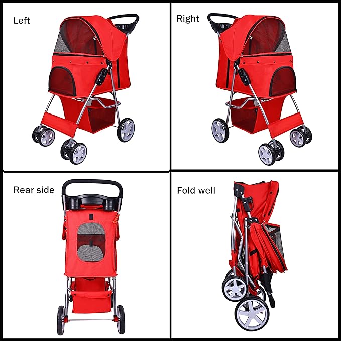 Pet Stroller, 4 Wheels Multifunction Dog Cat Stroller, Folding Portable Travel Stroller with Detachable Carrier, Suitable for Medium Small Dogs Cats, Red