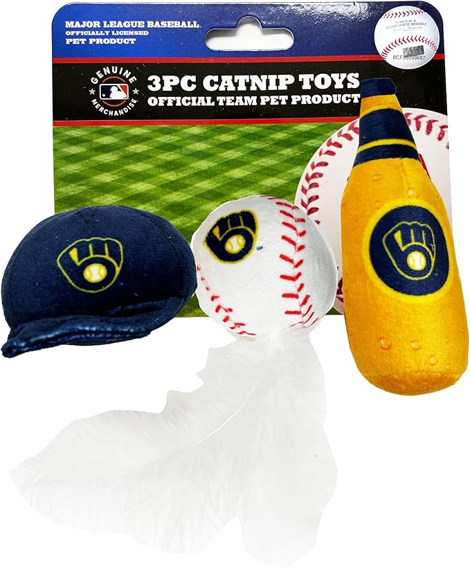 BEST PLUSH CAT TOY - MLB MILWAUKEE BREWERS Complete Set of 3 piece Cat Toys filled with Catnip. Incld: 1 Baseball Cap Cat Toy, 1 Baseball Cat Toy with Feathers & 1 Beer Bottle. Beautiful Team LOGOS