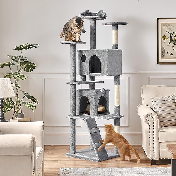 Yaheetech Tall Cat Tree, 80in Multi-Level Cat Tower with Cat Scratching Posts, Double Cat Caves, Perched Platforms and Dangling Balls, Cat Stand House for Kittens Pet, Light Gray