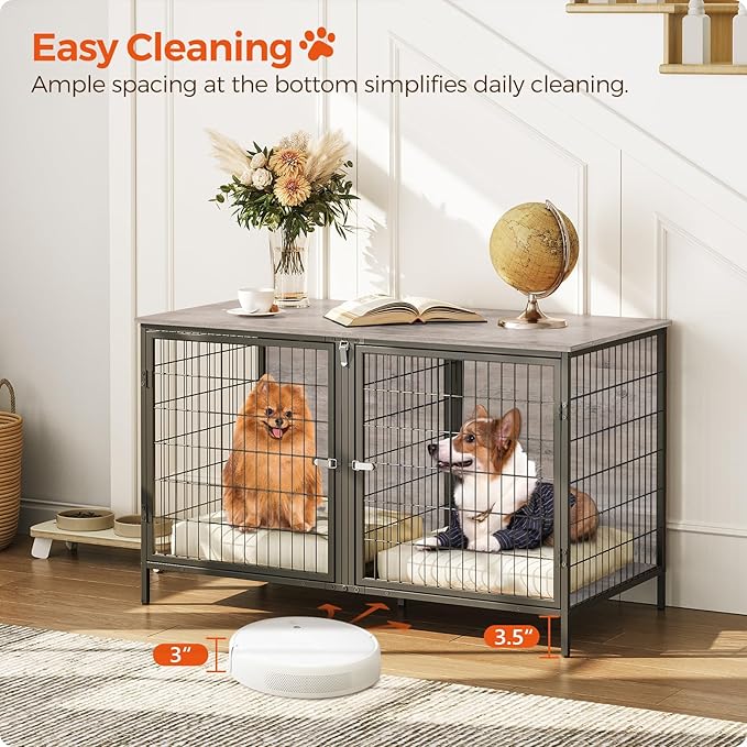 Dog Crate Furniture for 2 Dogs, 43.3" Dog Kennel with Removable Divider, Heavy Duty Wooden Dog Kennel for Small Medium Dog, Indoor Dog Cage End Table with Double Rooms, Greige DCHG1201