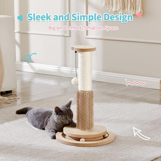 Made4Pets Cat Scratching Post 18" Tall for Small Kittens, 4-in-1 Cat Scratcher with Natural Sisal Ropes, Wooden Turntable Track Toy with Self Grooming Brush, Premium Scratch Pole with Plush Balls