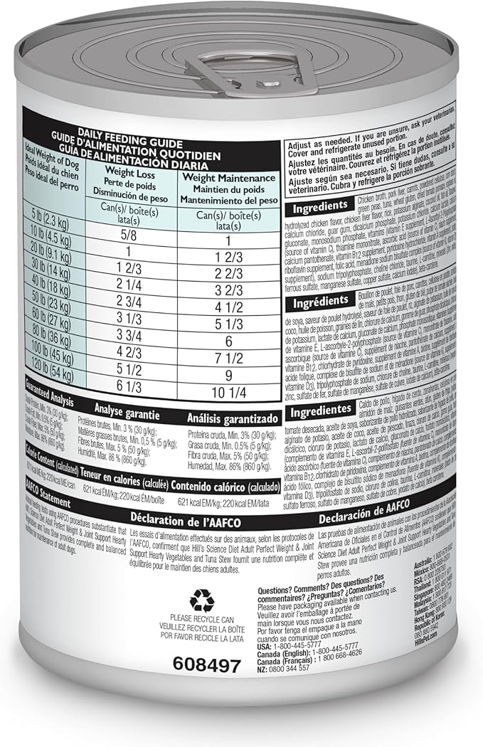 Hill's Science Diet Perfect Weight, Adult 1-6, Weight Management Support, Wet Dog Food, Tuna & Vegetables Stew, 12.5 oz Can, Case of 12