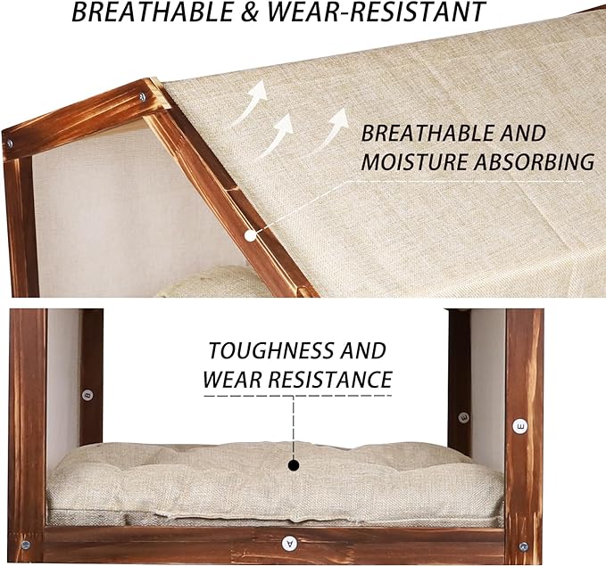 Dog House with Wooden Frame for Small Dogs or Cats Pet House with Fabric Cushion for Indoor (Beige)