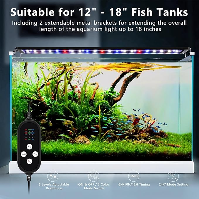 24/7 Mode LED Aquarium Light - Sunrise/Daylight/Moonlight Mode and DIY Mode Full Spectrum Fish Tank Light with Timer Auto On/Off, Dimmable 8 Colors Lighting for 12-18IN Fish Tank