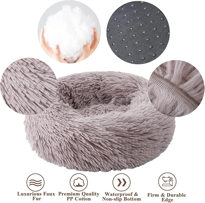 Aurako Cat Bed Dog Bed Round Cushion Pet Bed Mat Ultra Soft Plush Donut Sofa Comfortable Pillow Machine Washable Pet Cuddle Beds for Kitten Small Medium Large Dogs Cats 23" Taupe