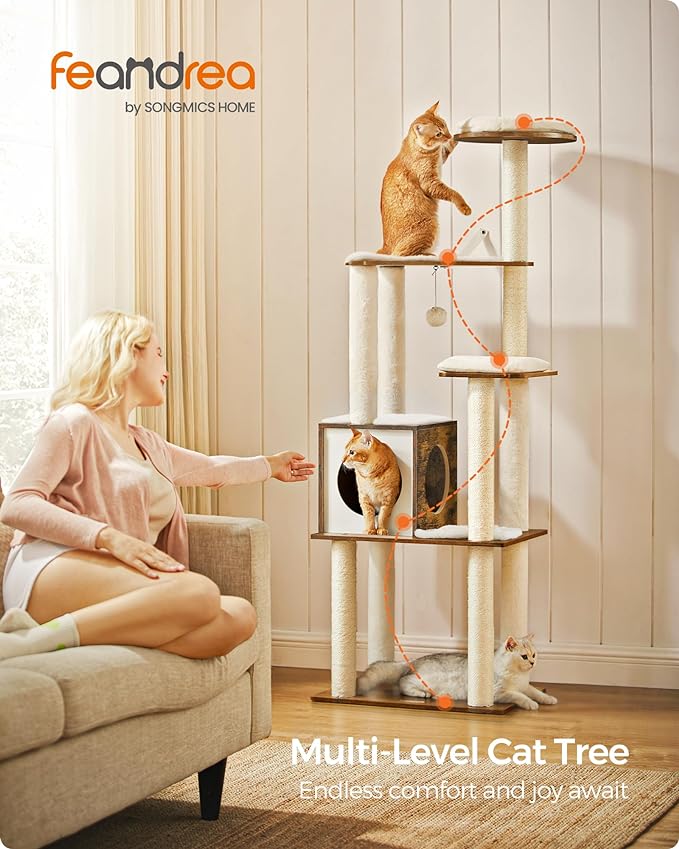 Feandrea WoodyWonders Cat Tree, 65-Inch Modern Cat Tower for Indoor Cats, Multi-Level Cat Condo with 5 Scratching Posts, Perch, Washable Removable Cushions, Cat Furniture, Rustic Brown UPCT166X01