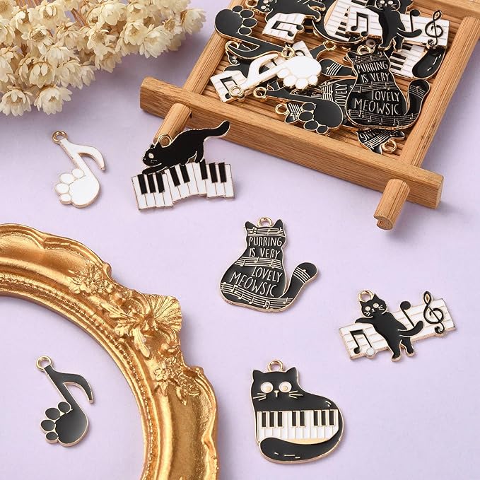 KitBeads 30pcs Black White Music Charms Cute Kitten Piano Music Note Charms Cartoon Black Paw Pint Cat Charms for Jewelry Making Bracelets Bulk
